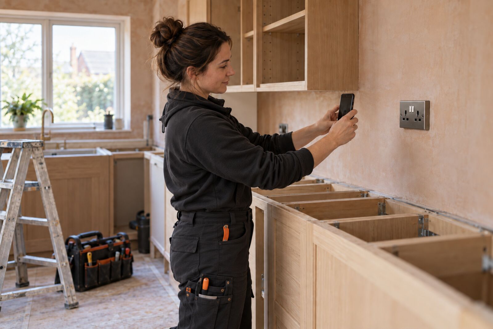 An electrician in a kitchen refit photographing a newly fitted socket for the job record